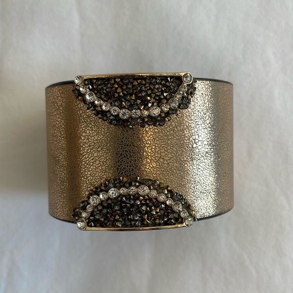 Gold Leather Rhinestone Cuff Bracelet with Swarovski Crystal - Picture 3 of 9